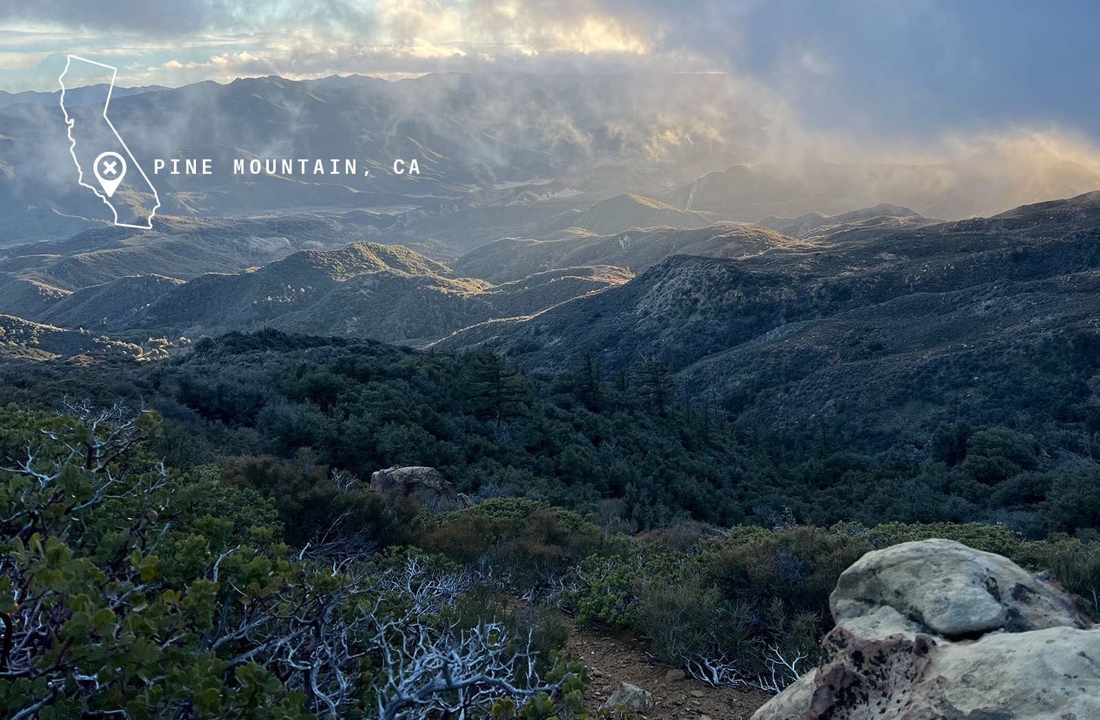 Image of Pine mountain, CA with a map of California overlaid on top. 