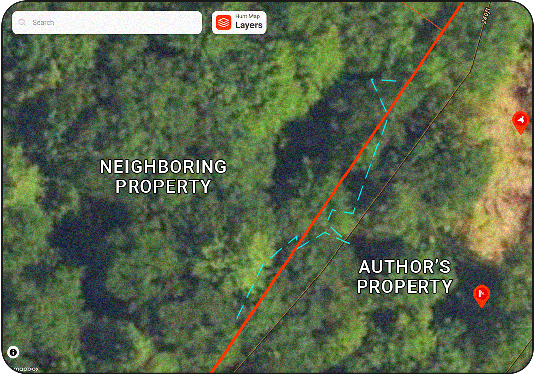 Screenshot of onX Hunt looking at property lines and waypoints 