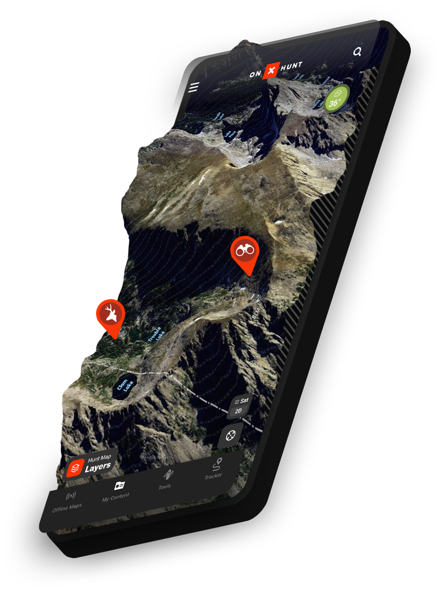 onX hunt, the best hunting app, showing 3D maps on an iPhone with waypoints
