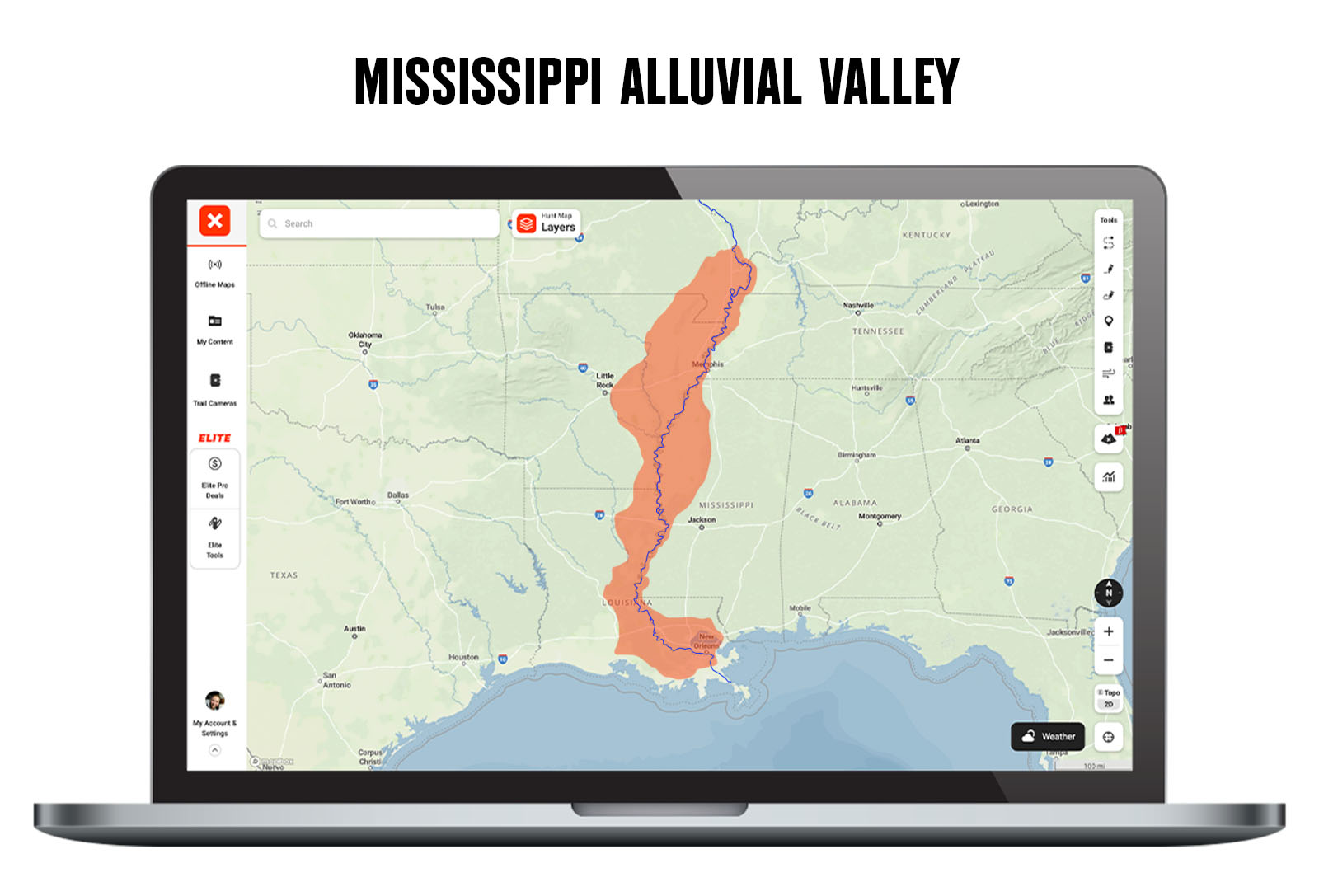 An onX Hunt map shows the Mississippi Alluvial Valley footprint. 