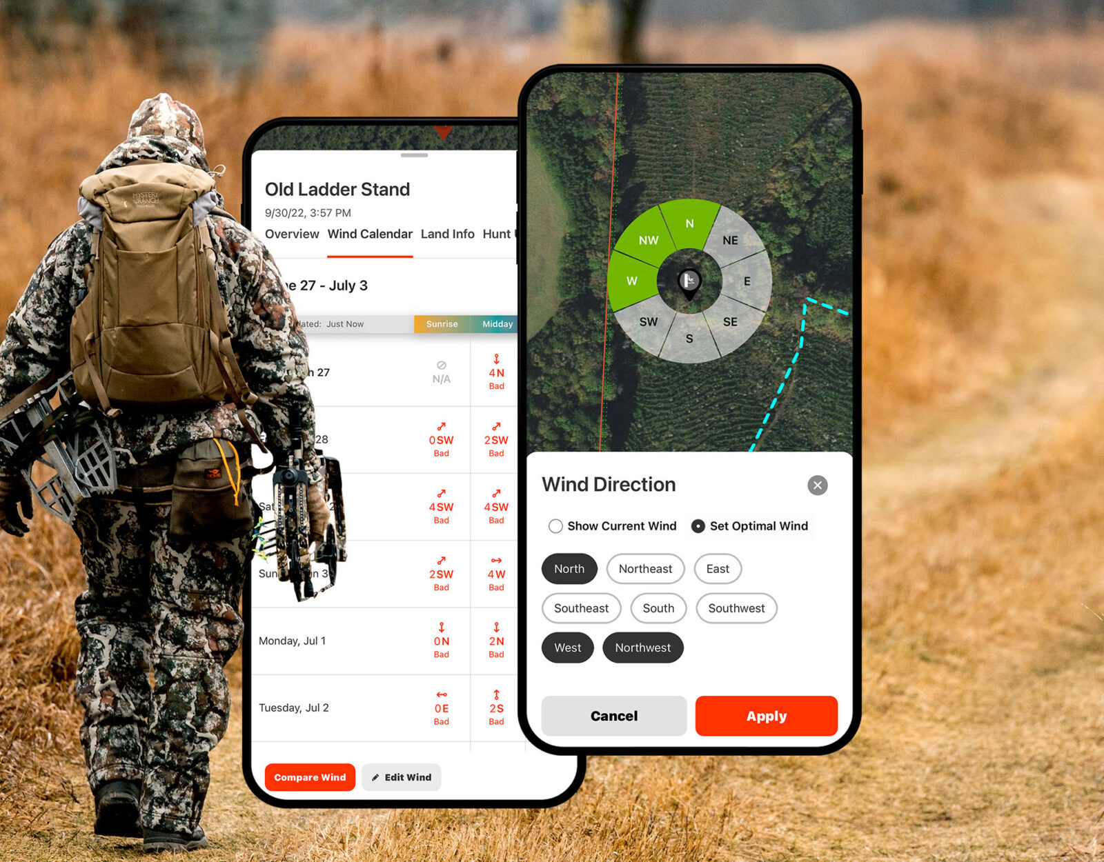 A bowhunter walks through a field and a screenshot of onX Hunt's Wind Direction feature overlays the image.