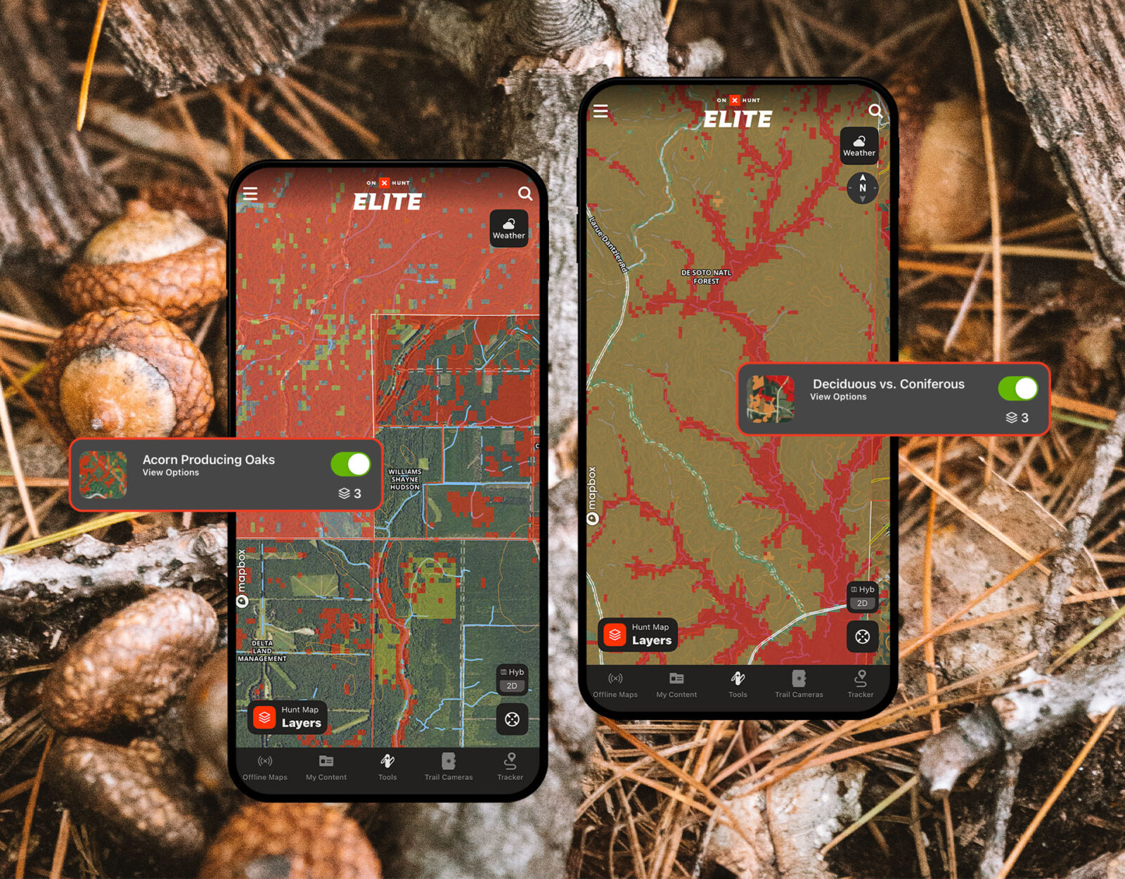 Screenshots showing onX Hunt's Acorn-Producing Oaks and Deciduous vs. Coniferous Map Layers.