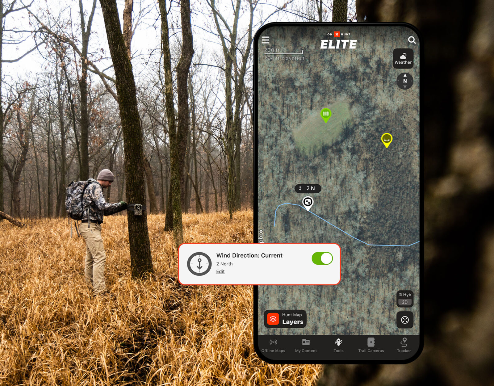 a hunter using a trail cam, and screenshot of the onX Hunt app showing wind direction 