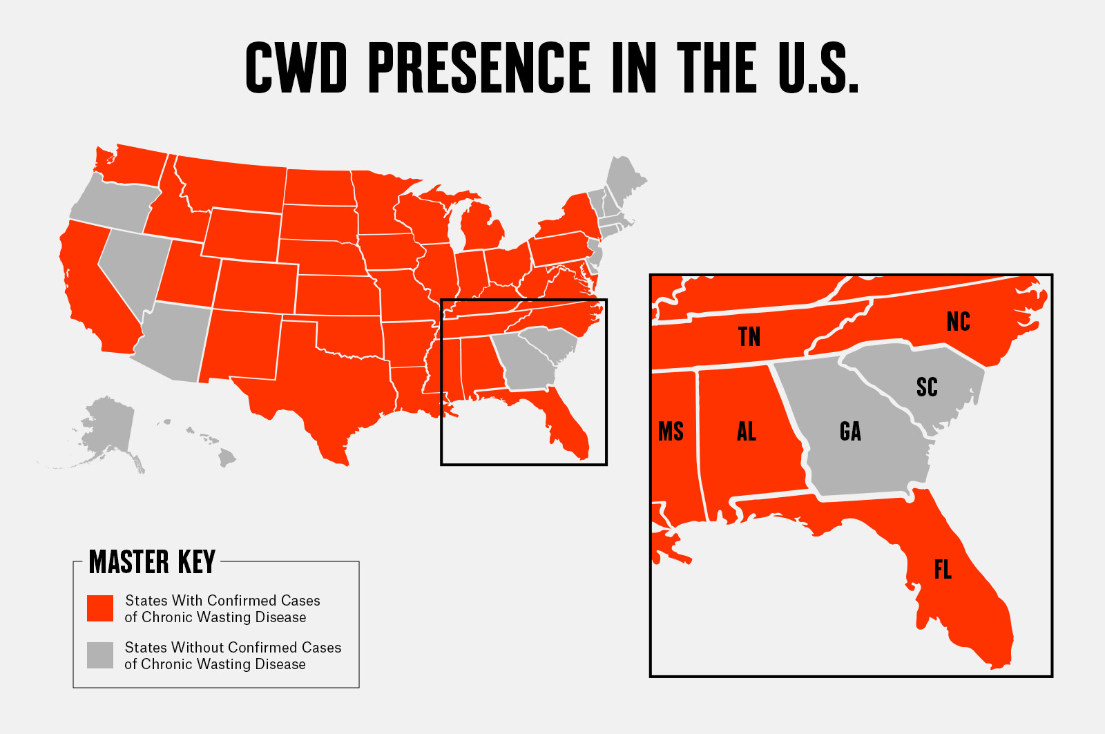 Map showing Chronic Wasting Disease throughout the USA.