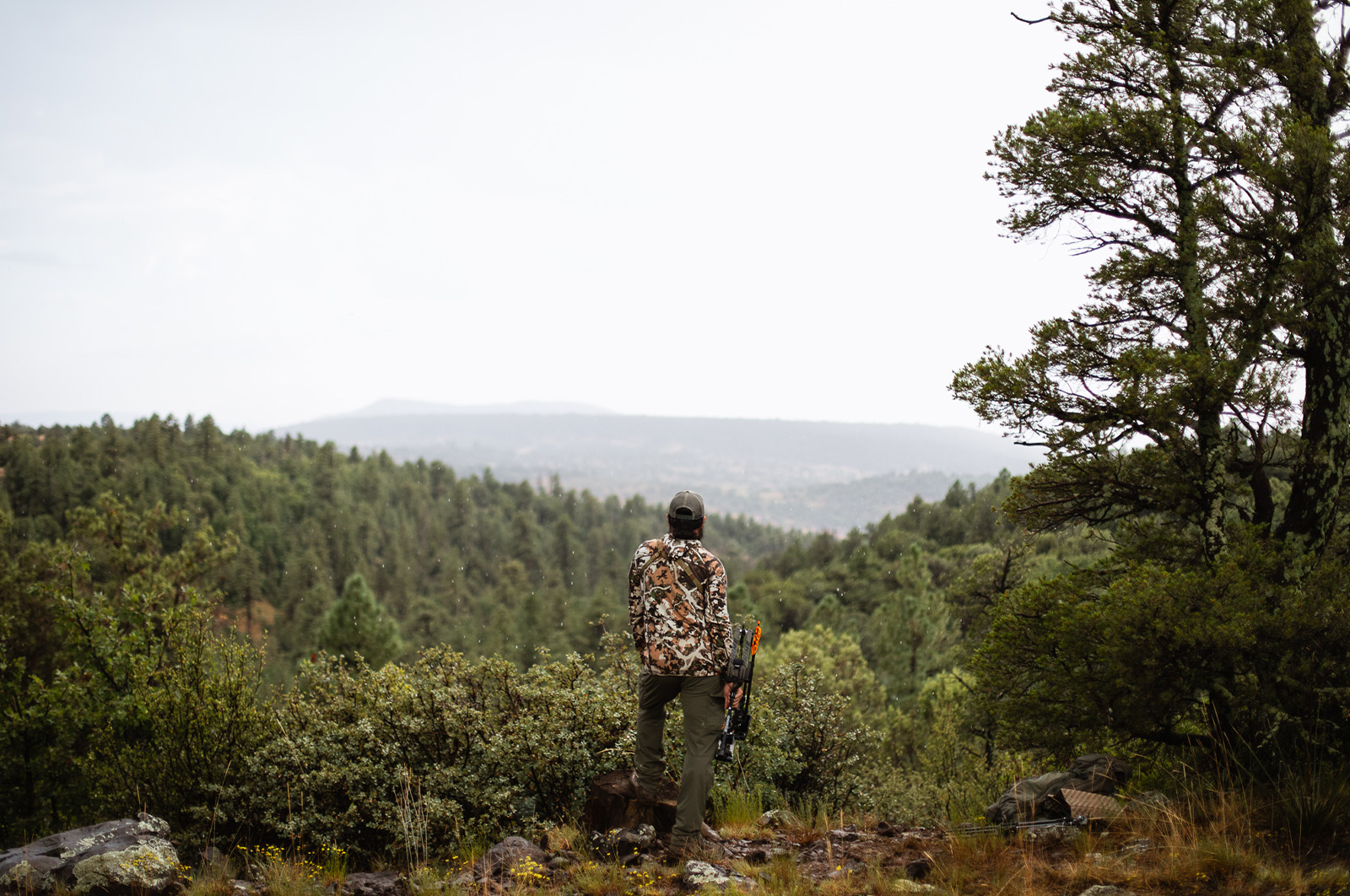 bowhunter in camo looking out over a treelined hill 