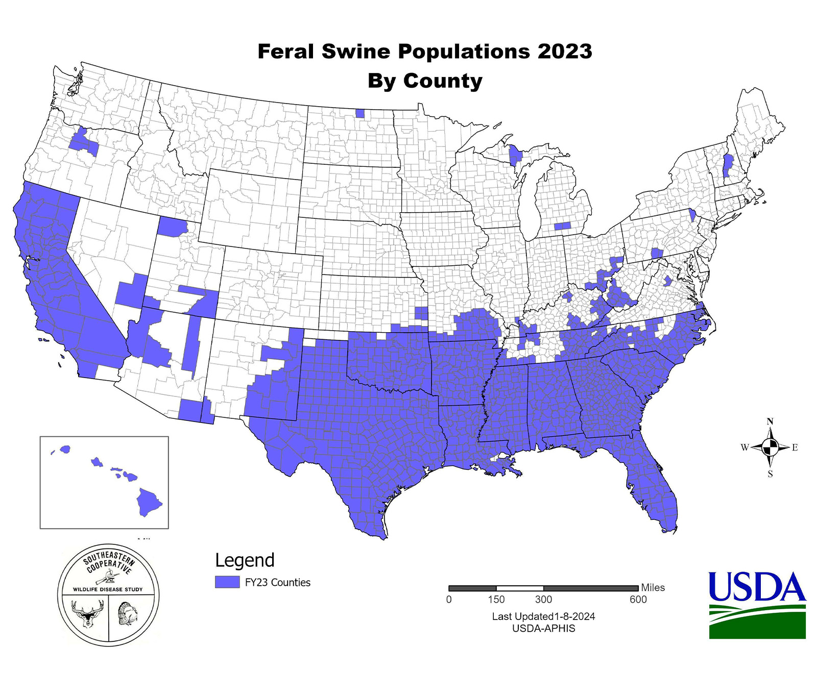 USDA Map showing wild hog populations by county in the U.S.