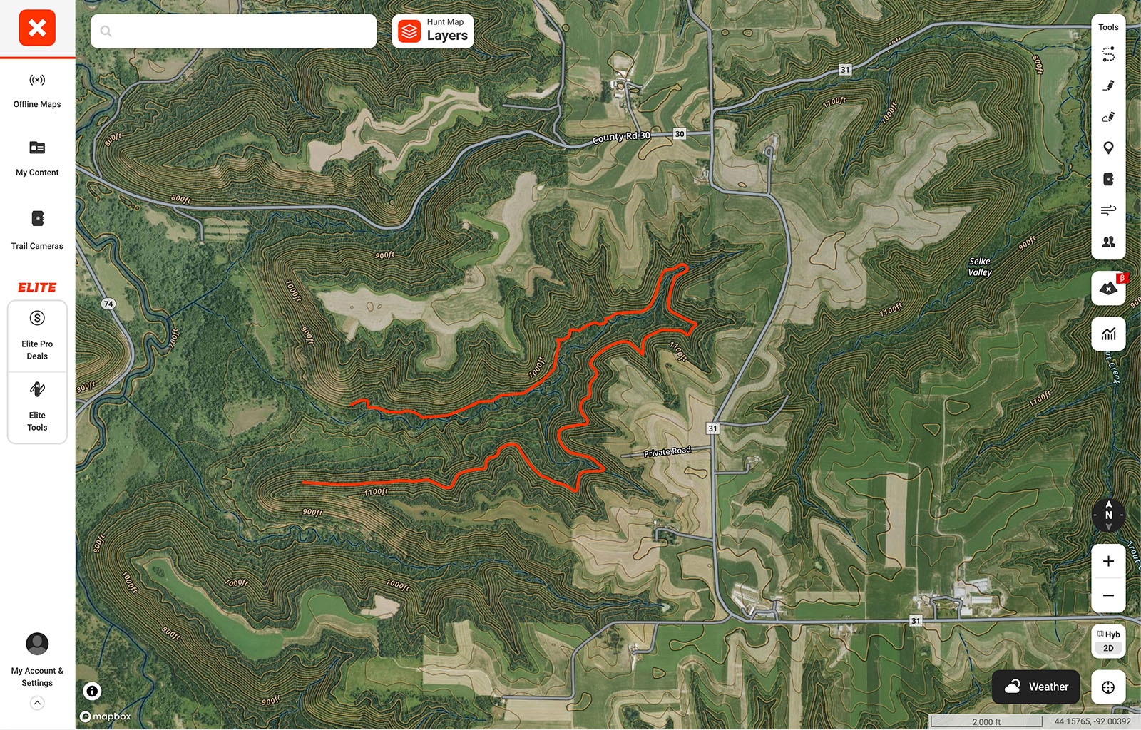 A screenshot of onX Hunt's hybrid map showing a thermal hub or crow's foot outlined in the red. 