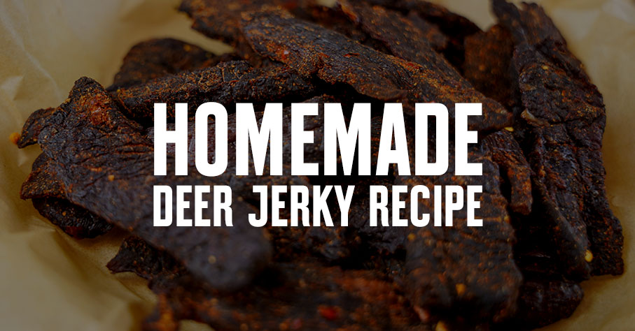 A pile of deer jerky with "Homemade Deer Jerky Recipe" overlaid.