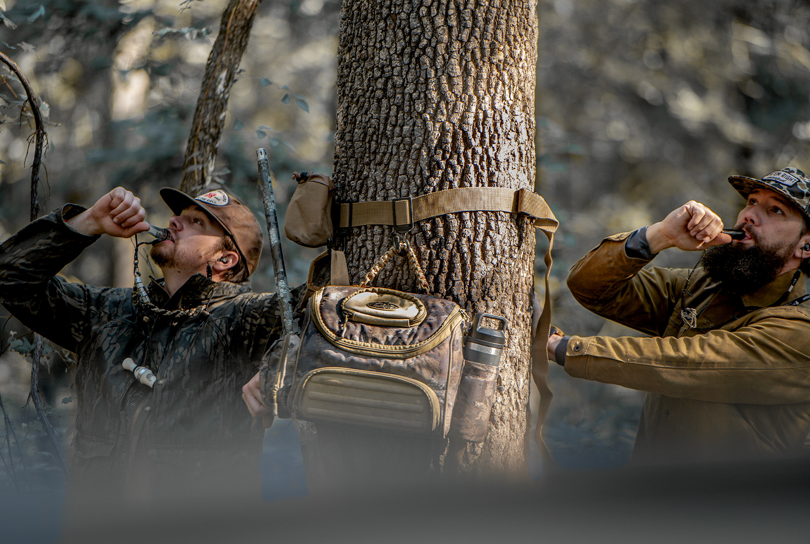 Two waterfowl hunters use duck calls.