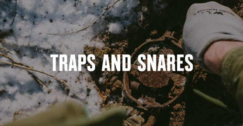 A hand sets a hunting trap, with "Traps and Snares" overlaid in text.