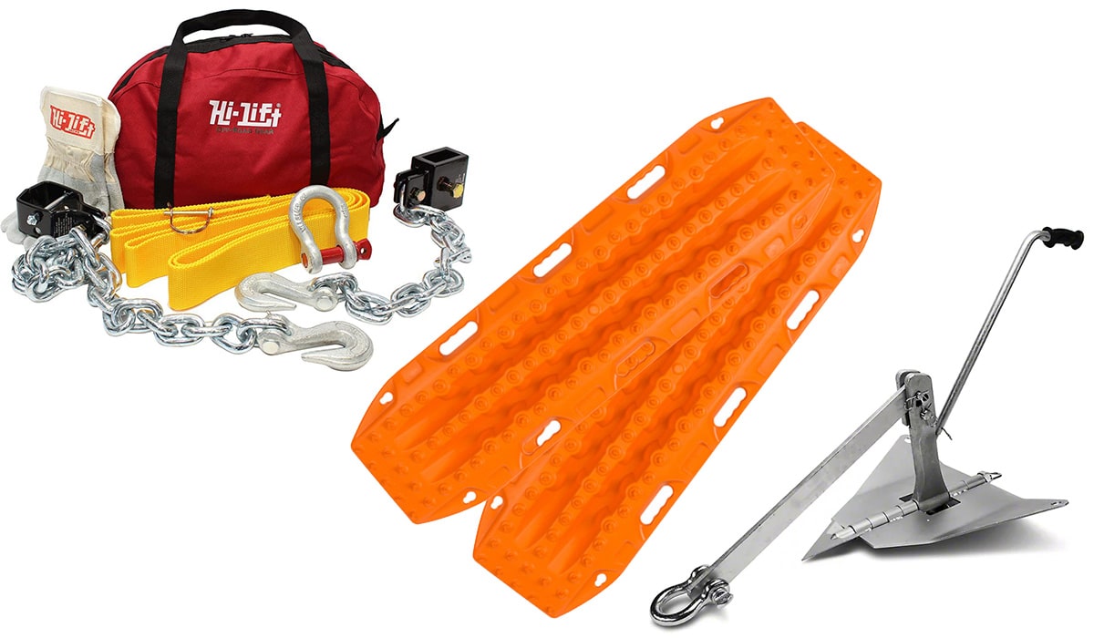 recovery gear for off-roading including recovery board and earth anchor