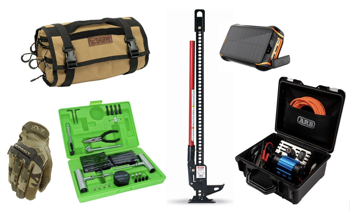 off-road repair gear including gloves, tool set, tire repair kit, off-road jack and duct tape
