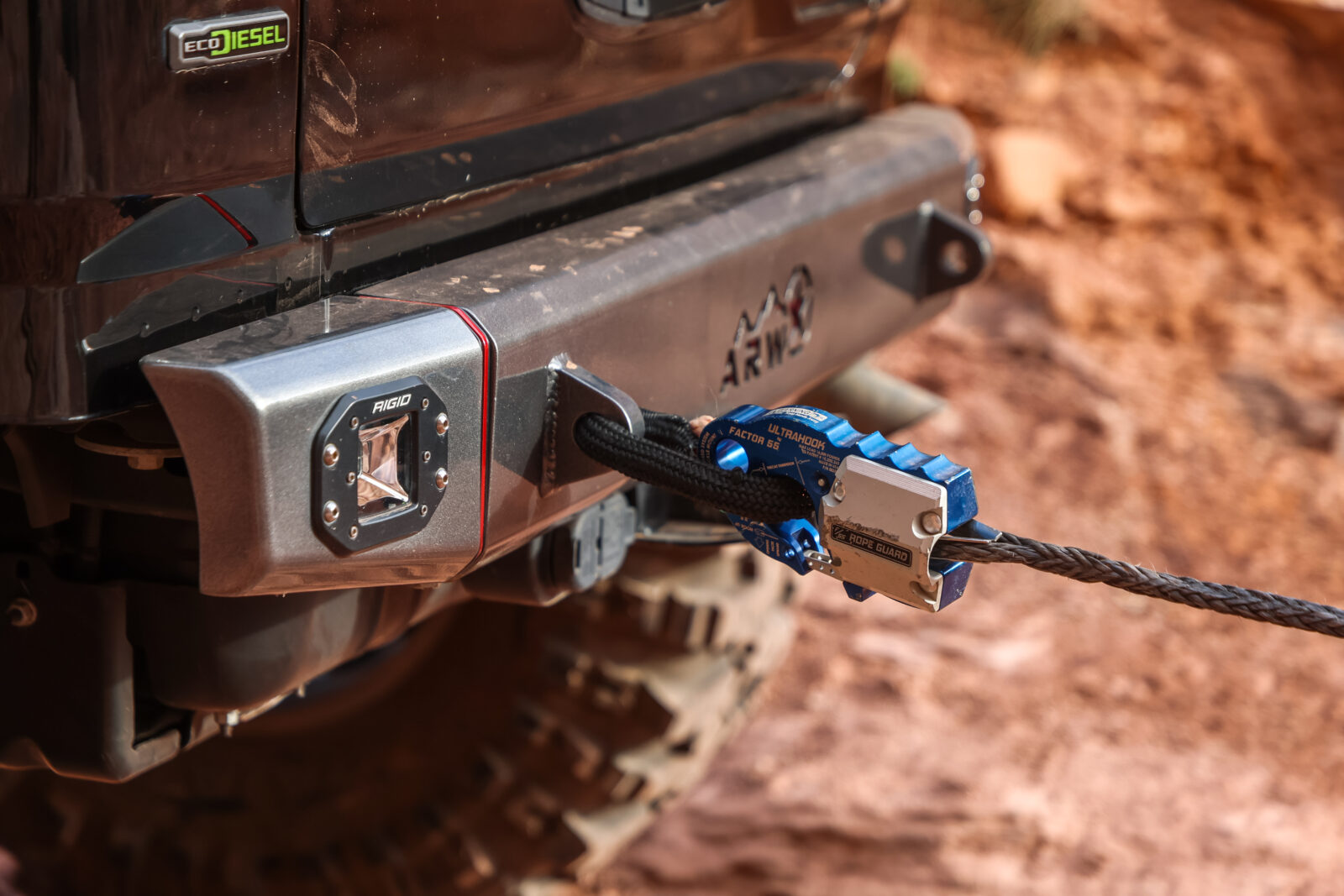 A Factor 55 Winch kit on an off-road vehicle set up for recovery 